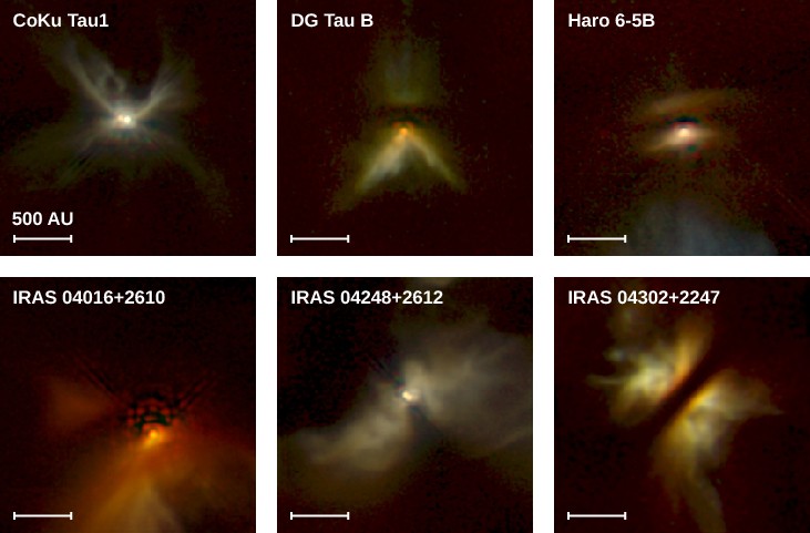 Disks around Protostars. This figure presents images of disks around the protostars CoKu Tau 1, DG Tau B, Haro 6-5B, IRAS 04016+2610, IRAS 04248+2612, and IRAS 04302+2247. A scale of 500 AU is shown on each image. The morphology is similar in each case: a butterfly-shaped nebula, crossed at the apex of the