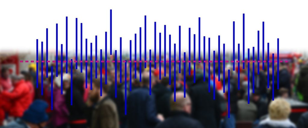 A soft-focus landscape photo of a crowd of people. Overlaid on top is a dotted red horizontal line and many vertical blue lines rising above and below the dotted red line, to give the impression of a population growth chart.