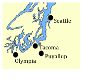 A map of the Puget Sound. Seattle, Tacoma, Puyallup, and Olympia are marked.