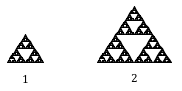 Sierpinski gasket triangle. Next, a bigger triangle made of three Sierpinski gasket triangles and a white triangle in the center.