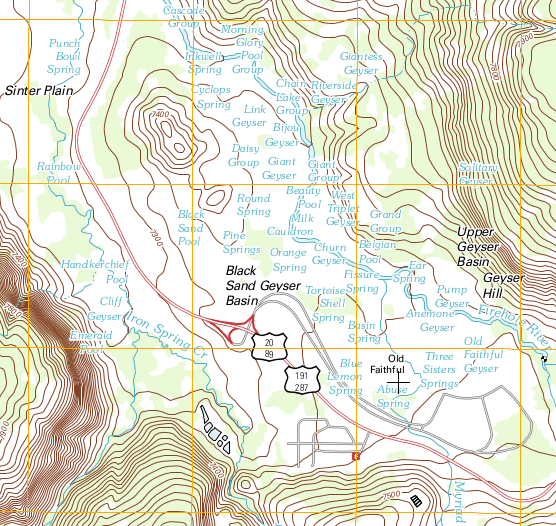 A complex map of Yellowstone. There are several natural features on the map, including springs, geysers, and plains.