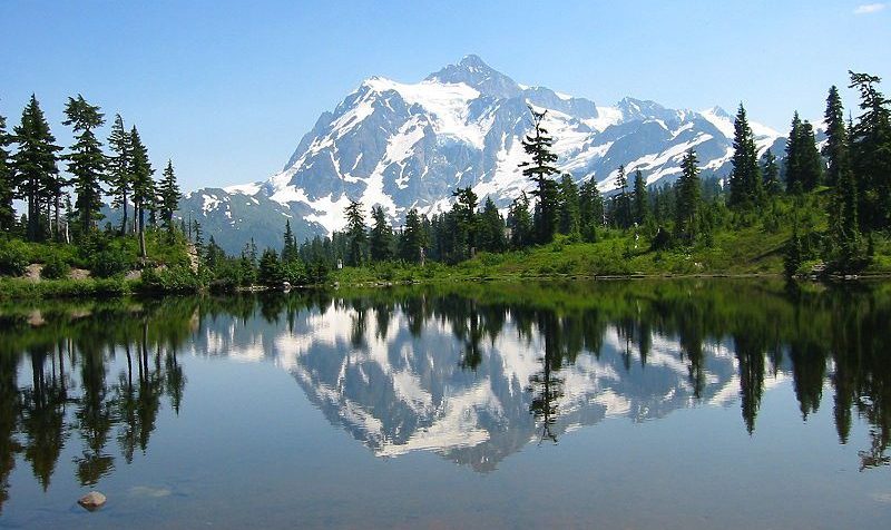 Um, pico montanha, refletido dentro, um, lago, cercado, por, árvores