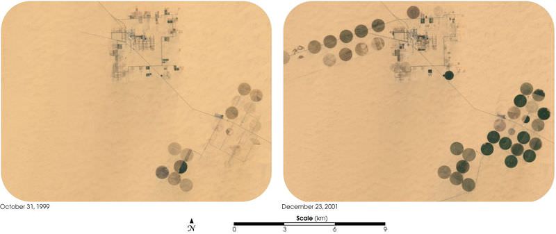 Arial view of wells in a desert