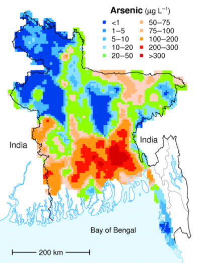 The distribution of arsenic in groundwater in Bangladesh. The WHO recommended safe level for arsenic is 10 μg/L. All of the green, orange, and red areas on the map exceed that limit. 