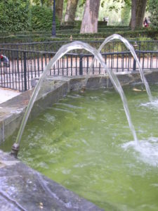 Water from a fountain shoing classic parabolic motion.