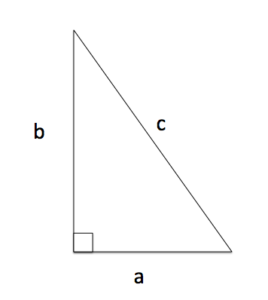 right triangle labeled with the longest length = a, and the other two b and c.