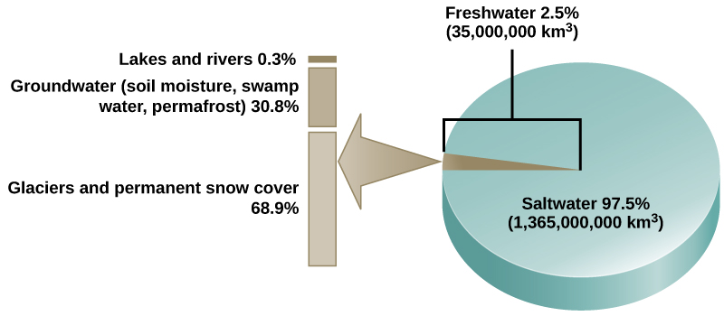 The pie chart shows that 97.5 percent of water on Earth, or 1,365,000,000 km3, is salt water. The remaining 2.5 percent, or 35,000,000 kilometers cubed, is fresh water. Of the fresh water, 68.9 percent is frozen in glaciers or permanent snow cover. 30.8 percent is groundwater (soil moisture, swamp water, permafrost). The remaining 0.3 percent is in lakes and rivers.