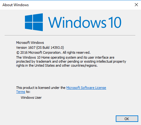 Notification pop up from the Windows 10 operating system. It's purpose is to let the user know about the Windows system. It contains the version, the copyright certification, and it's licensing source. In the bottom right corner there is a box which is labelled "ok".