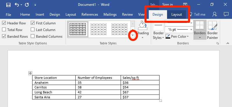 same table format throughout document word