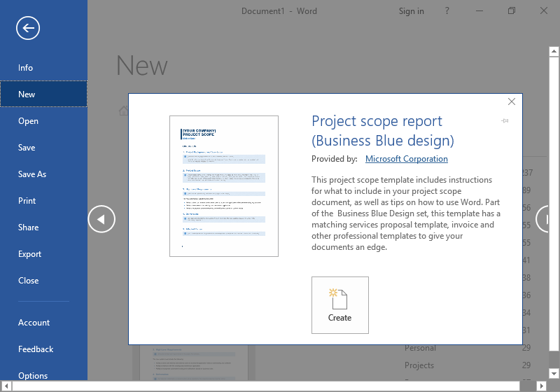 The backstage view of a Microsoft Word document is displayed. The option to create a business template has been selected providing four new options. The fist option is to close the template option and continue to search. The second and third options go hand in hand as one scrolls to the right of the template options and the other to the left. On the bottom center of the page being displayed is the option to create a new document with your selected template. 