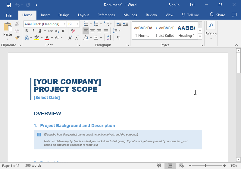 A Microsoft Word document has been opened with a business template being displayed. 