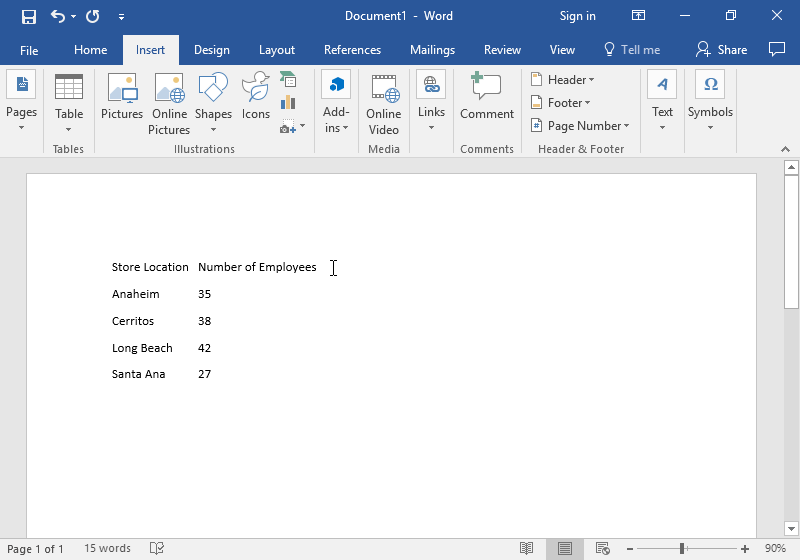 A Microsoft Word document is open with 5 lines of text visible.