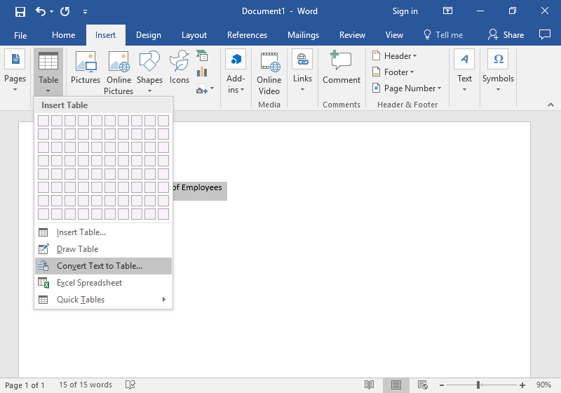 A Microsoft Word document is open with 5 lines of text visible. All five lines have been highlighted in gray showing they have been selected. A new dropdown menu is coming down from the table tab allowing to select the height and width of the new table that is being created.