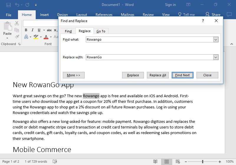 microsoft word find and replace command