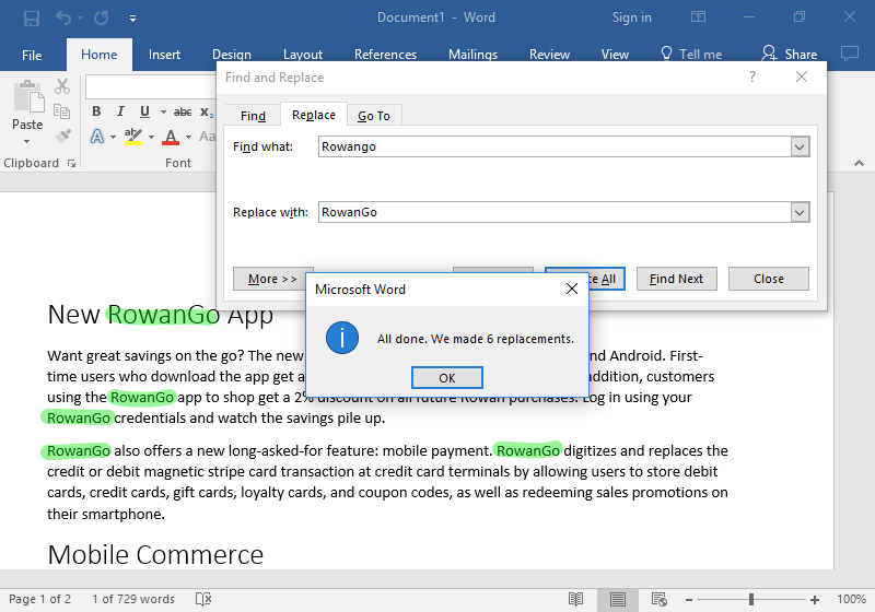 ms word find and replace