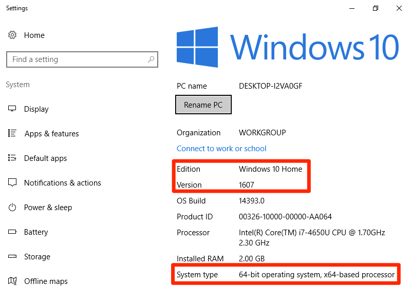 This display shows the about menu of the Windows 10 operating system. In this window it describes the edition, the version, the OS build, the product ID, the processor, the installed RAM, and the system type of the Windows 10 PC. The edition and version labels are surrounded by a red box to highlight them. The system type is also surrounded by a red box. 