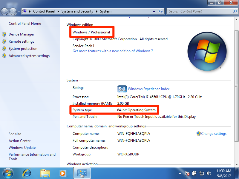 The control panel is open displaying a series of information regarding the operating system. On this panel are two important things. 1. The Windows edition which is surrounded by a red box and 2. The System type which is also surrounded by a red box. 