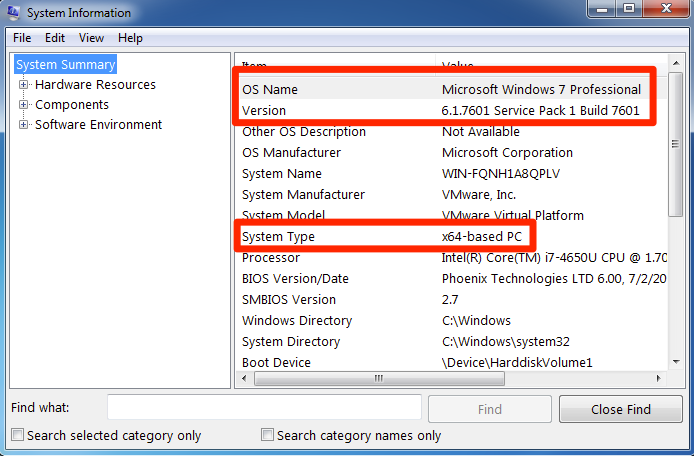 The system information box is open with three important items highlighted in red boxes. The first one highlighted is the OS Name, the second one highlighted is the Version, and the last one highlighted is System Type. 