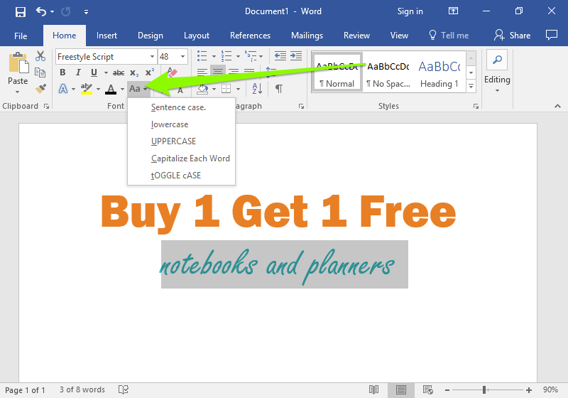 There is a Microsoft Word document open with two lines of text on it. A green arrow is pointing to the font formatting section which is found in the home tab on the ribbon menu. This arrow is pointing to the option to change the case control feature. A dropdown menu has opened up showing options to make the document upper case, lower case and a few other choices. 