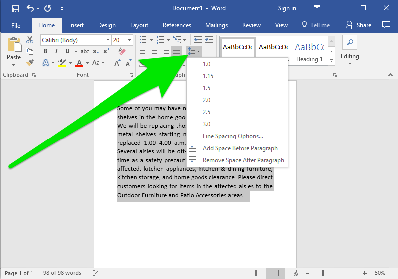 A microsoft word document with a section of text on it. A large green arrow is pointing towards the line spacing menu and the dropdown for it has been triggered.