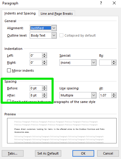 how to make paragraph spacing in word