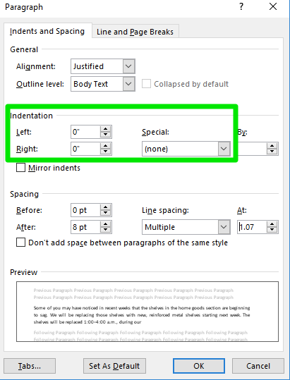 how to first line indent in word 2016