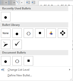 Multiple bullet list options are listed in the recently used bullets menu. 