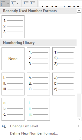 Numbered format list options are listed in the recently used number formats menu. 