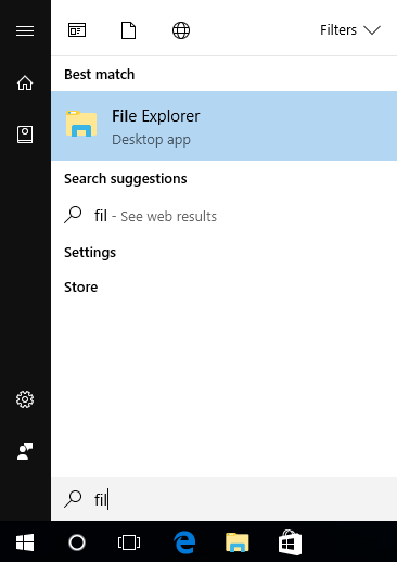 meniul Start afișat cu o căutare pentru File explorer în curs.