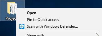 een klik met de rechtermuisknop van een bestand dat leidt tot een reeks nieuwe opties, waaronder, "Open", "Pin naar snelle toegang", en "scannen met Windows Defender".