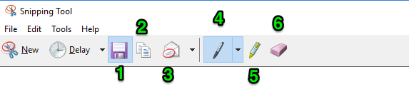 The snipping tool window is open. There are six green numbers each identifying a different feature of the snipping tool. The first one represents the save feature. The second identifies where the copy button is. The third numbers shows where the send to feature is. The fourth identifies the pen option. The fifth one demonstrates where the highlighter is and the sixth number points out where the eraser option is found. 