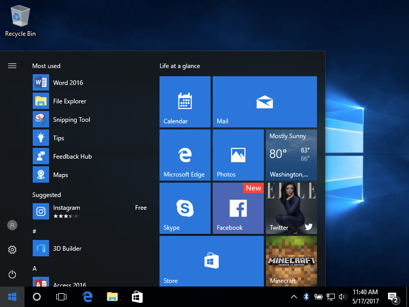 screen start menu windows 10