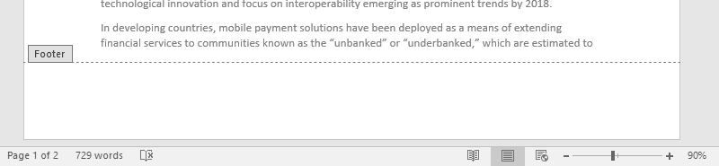 A Microsoft Word document is open with text on it. The display is showing that a footer has been inserted.