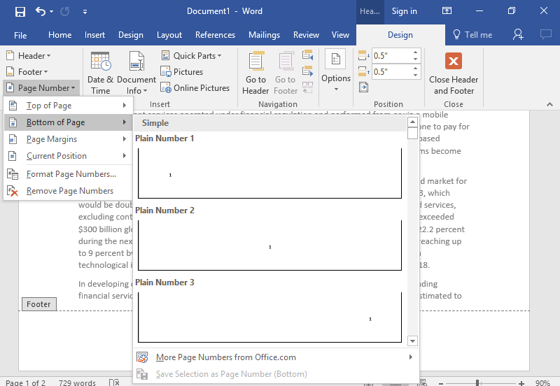 how do you close the header and footer in word