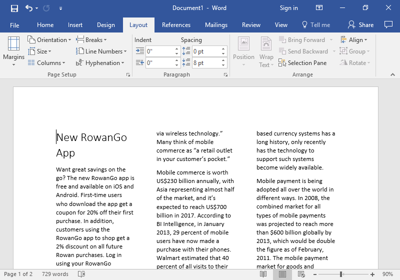 word documents open with several columns