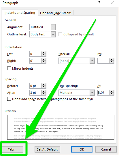 how to set tab to right margin in word