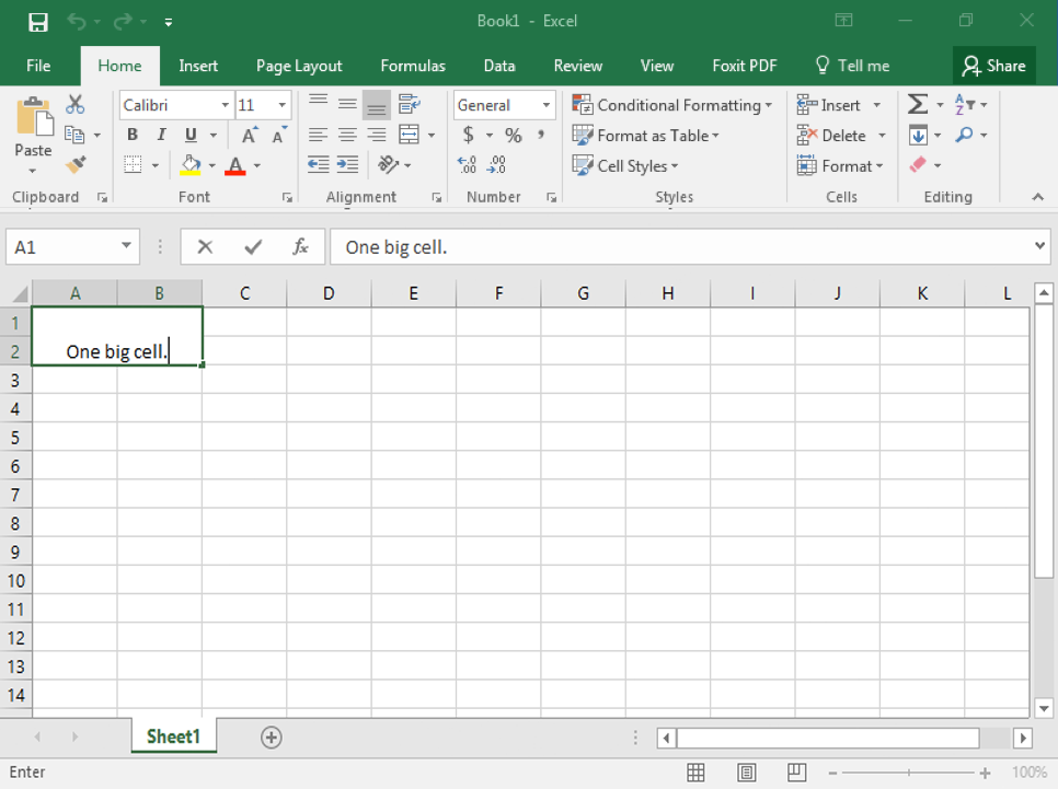 An excel sheet is open. In cells A1-B2, the cells have been merged with the text "One big cell." centered in the merged cell.