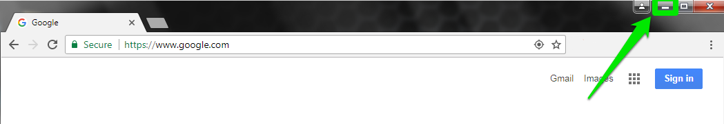 A browser with a green arrow pointing at a green box which shows how to minimize the page.