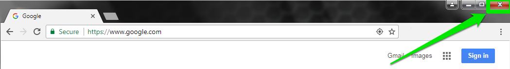 A browser with a green arrow pointing at a green box which shows how to close the page.