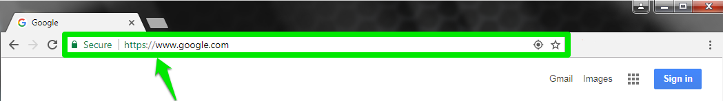 The Google home URL is in the address bar. There is a green arrow pointing at the address bar which is highlighted by a green box.