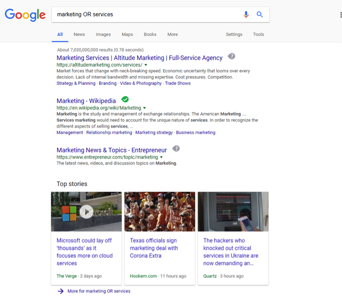 A google search has been entered for, Marketing OR services. 