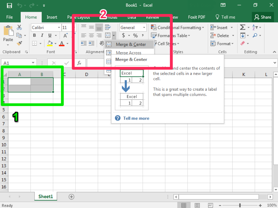 insert merge and center in excel