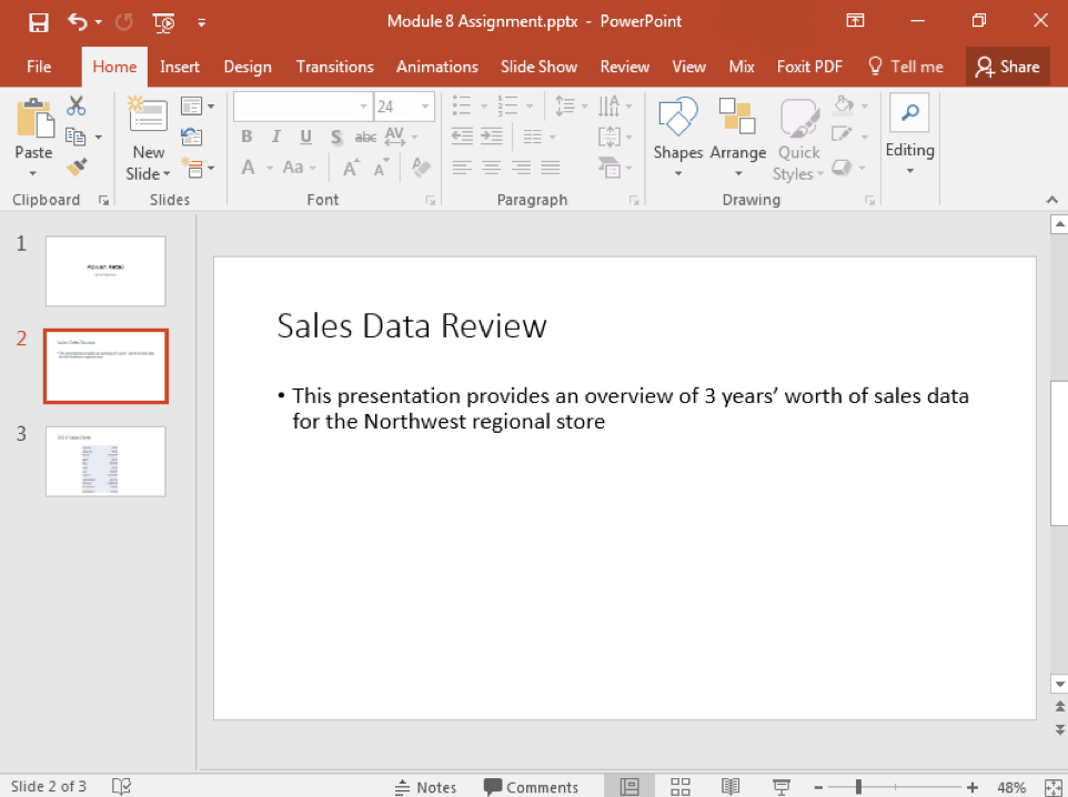 A Microsoft Powerpoint deck is open with 3 slides created. The second slide is being displayed.