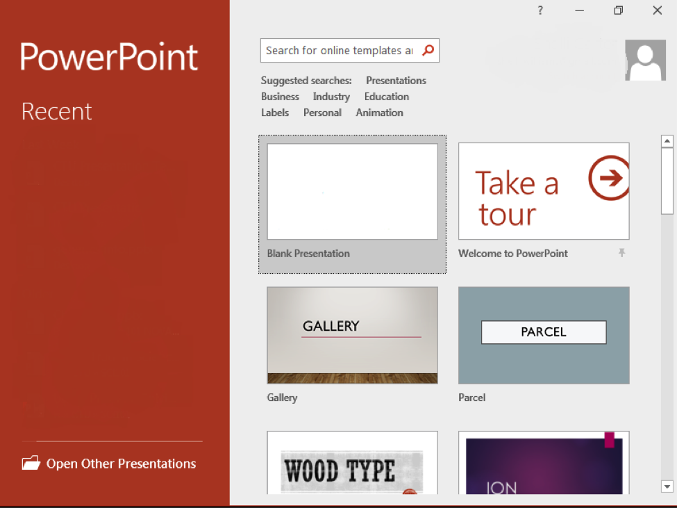 The backstage view of a Microsoft Powerpoint. 