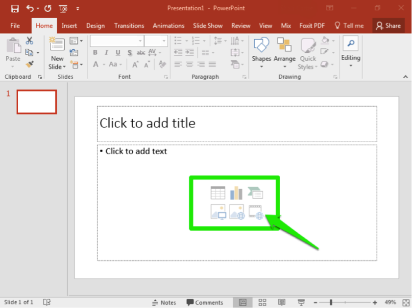 A Microsoft powerpoint is open. There is a green arrow pointing at a blank slide where the option to insert a video can be found.