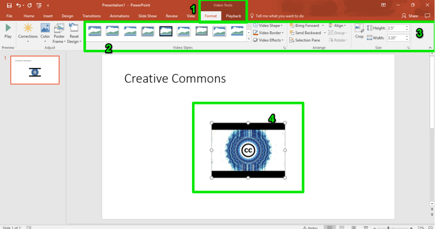 A Microsoft powerpoint is open. A video has been inserted and there are 4 green numbers showing how to edit the video. The first number shows where the video tools button is, the second shows where the video styles feature is. The third shows where the resizing tool can be found and the fourth number represents how you can simply resize the image by dragging it. 