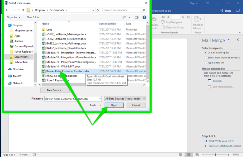 A blank Microsoft Word document is open. A mail merge menu has opened to the right of the document. A select data source dialog box has opened in front of the word document. There are two green arrows in the file finder, one is pointing at the selected data source and the other is pointing at the option to open the file.