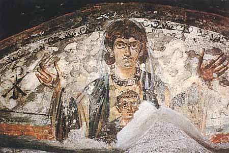 Painting depicts the Virgin Mary and Baby Jesus. Mary's arms are outstretched. Jesus appears to be leaning against her chest facing outward.