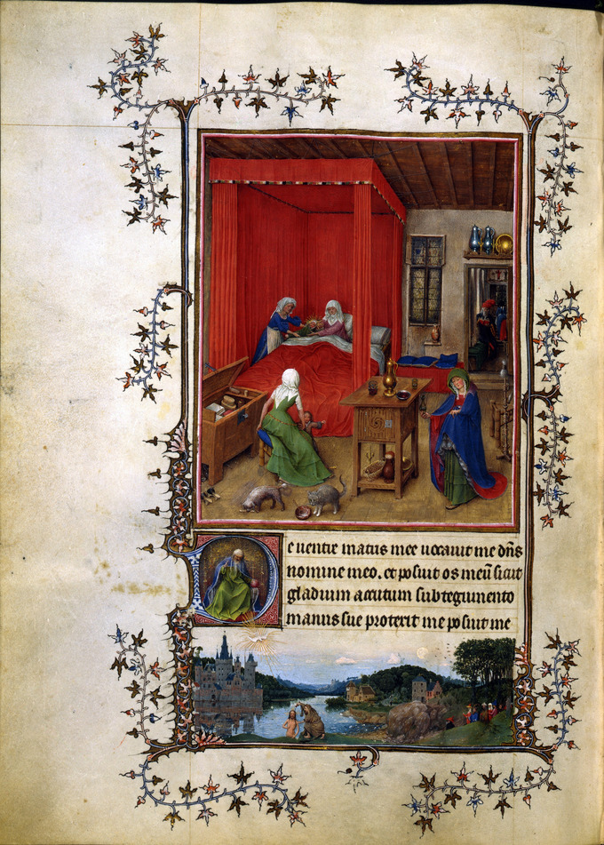 Page of manuscript depicts the birth of John the Baptist at the top and the Baptism of Christ at the bottom with text in between. Elaborate border decoration encircles the images and text.