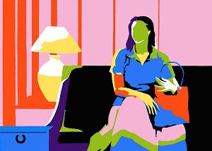 In this piece, a woman sits on a couch holding a purse. A lamp is on a table next to her. She is faceless and the entire piece is made up of bright colors.